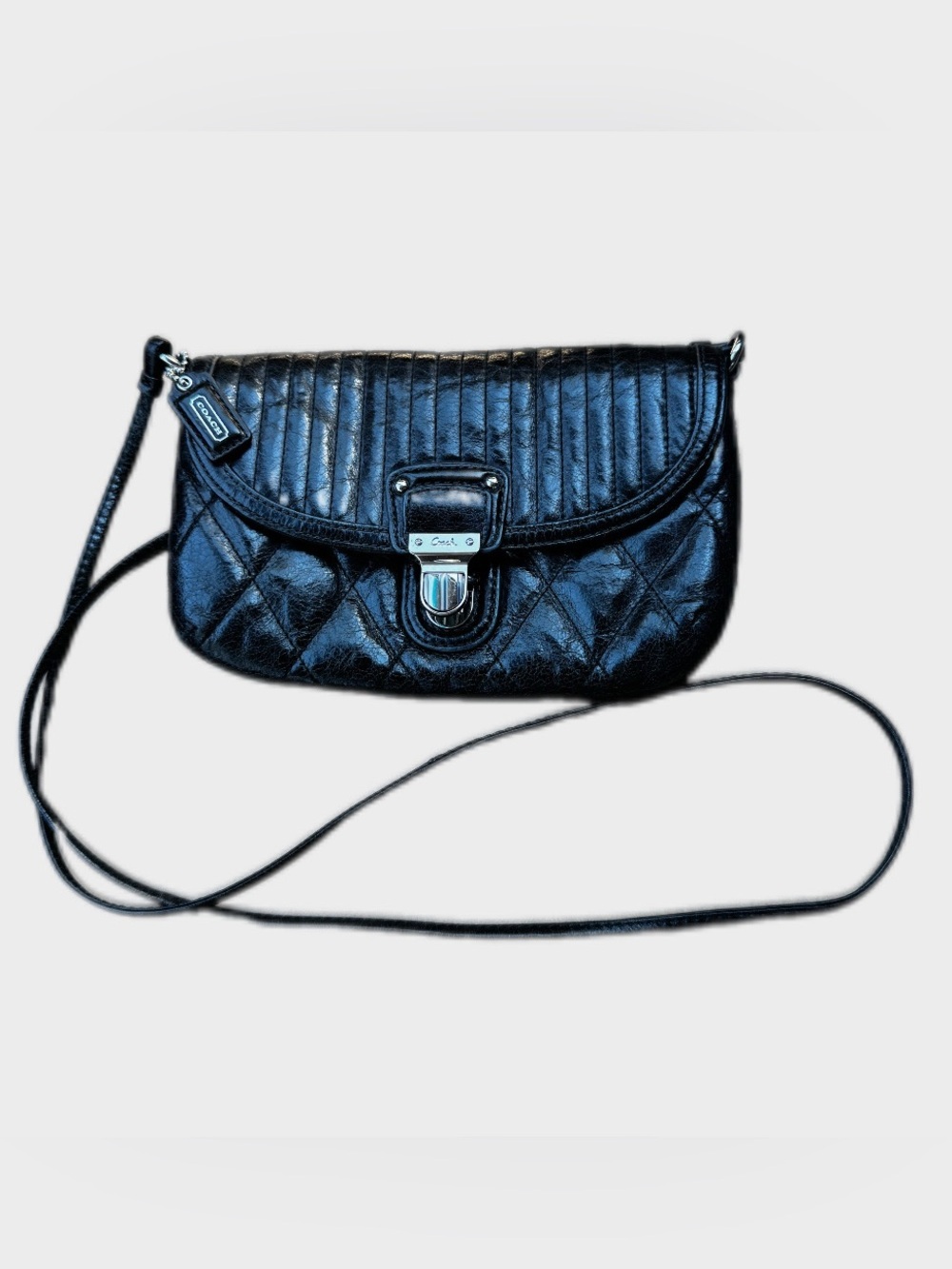 Coach Vintage Black Quilted Pleated Leather Push Lock Crossbody Clutch Bag
